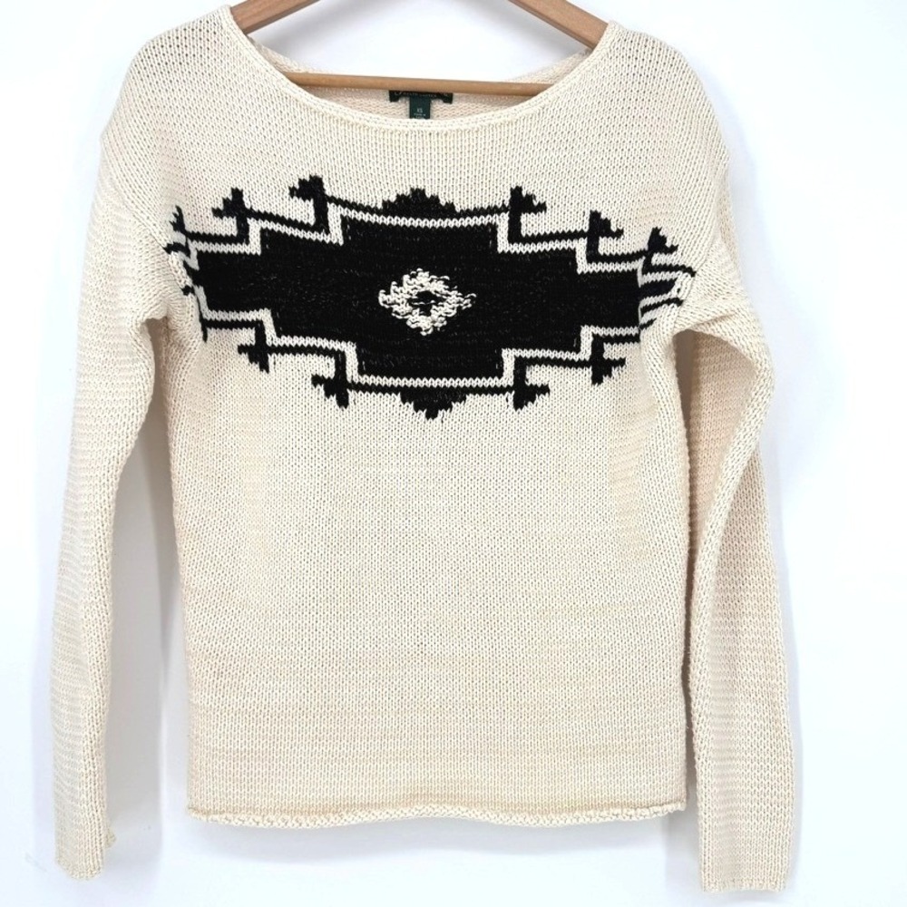 Lauren Ralph Lauren Womens XS Cream Black Southwestern Sweater Natural Fiber